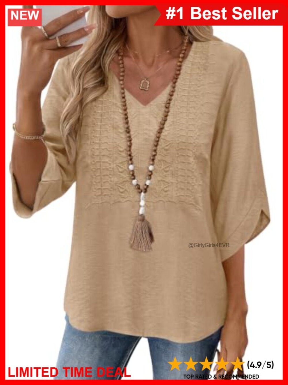 Embroidered Lace V-Neck 3/4 Bell Sleeve Boho Tunic Top